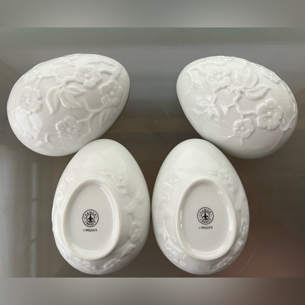 🌸🍒2 Cherry Blossom Motif Eggs | White | Floral Porcelain Chamart Limoges France - Picture 10 of 17